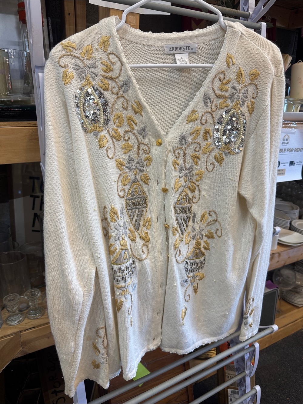 Arriviste Cream Embellished V-Neck Cardigan Sweater